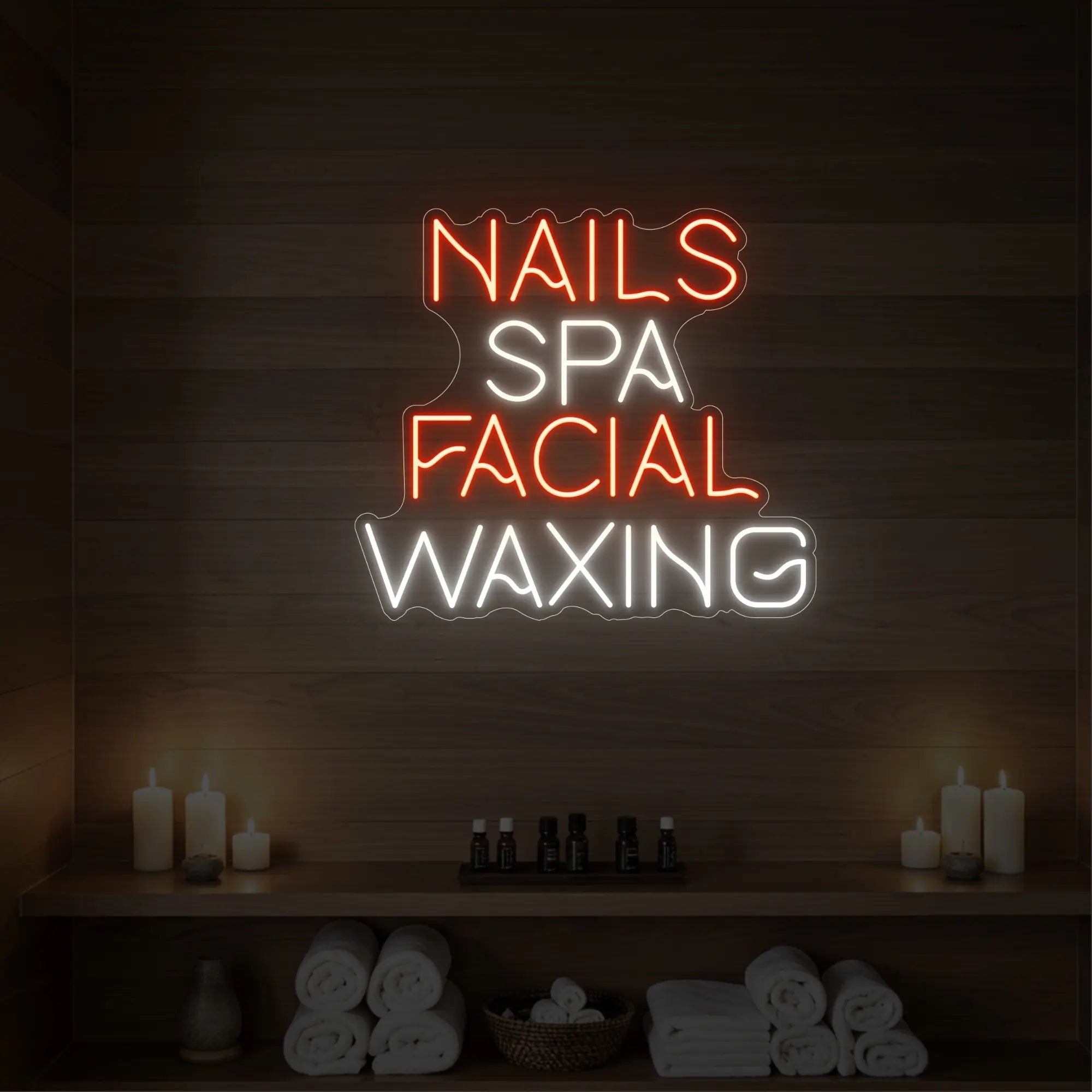 Photo of the 'Nails Spa Facial Waxing' neon sign glowing in golden yellow against a styled interior wall.