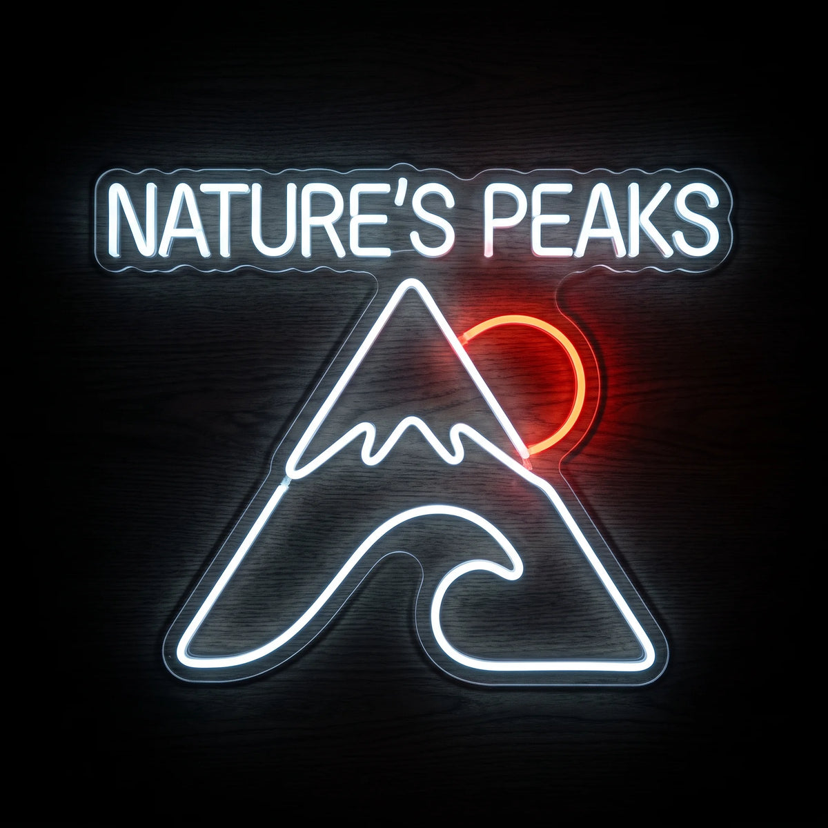 Nature's Peaks LED neon sign featuring mountain and wave artwork with a glowing red-orange sun.