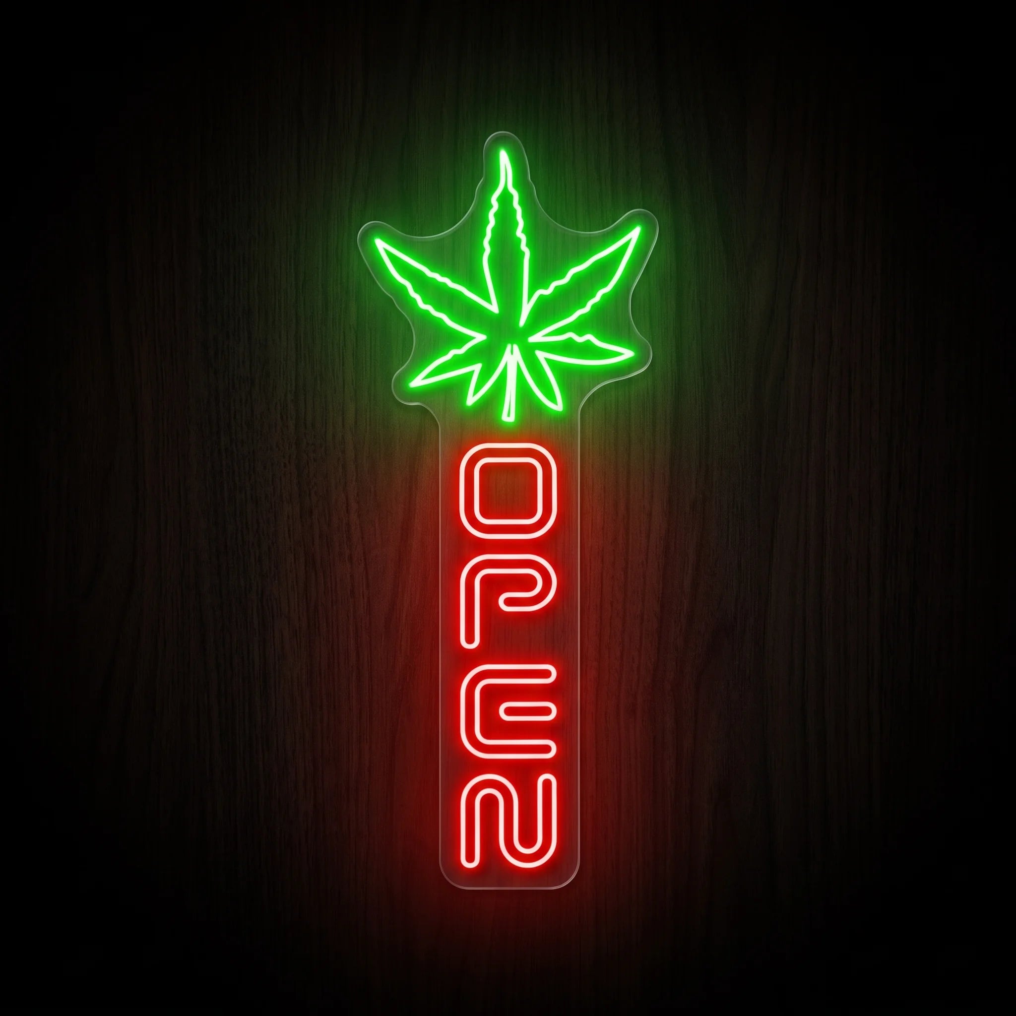 Vertical OPEN LED neon sign featuring a bright green cannabis leaf above vibrant red vertical OPEN lettering mounted on a precision-cut clear acrylic backing.