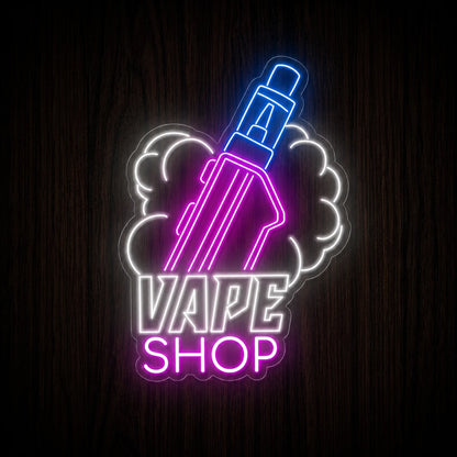 Neon Vape Shop Badge LED neon sign featuring a colorful vape device with vapor cloud and bold VAPE SHOP lettering on a clear acrylic backing.