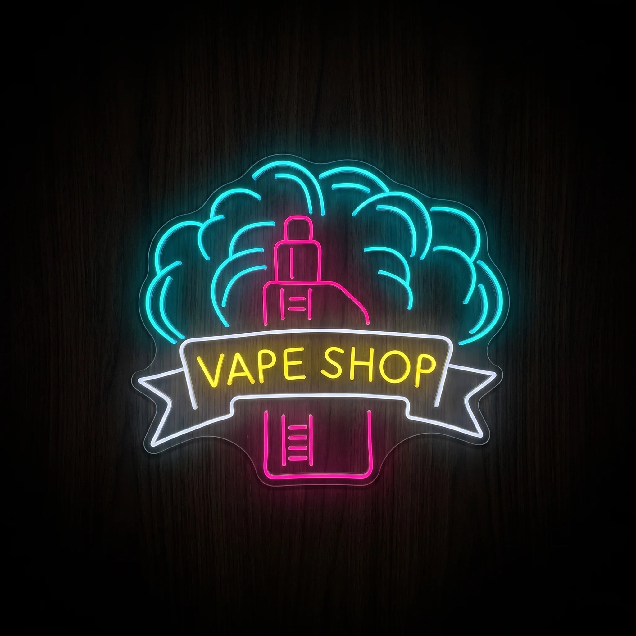 Neon Vape Shop Badge LED neon sign featuring a pink vape device, blue vapor cloud, white ribbon banner, and yellow Vape Shop text mounted on a clear acrylic backboard.