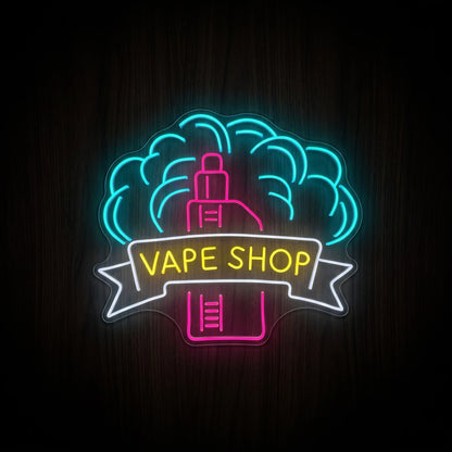 Neon Vape Shop Badge LED neon sign featuring a pink vape device, blue vapor cloud, white ribbon banner, and yellow Vape Shop text mounted on a clear acrylic backboard.