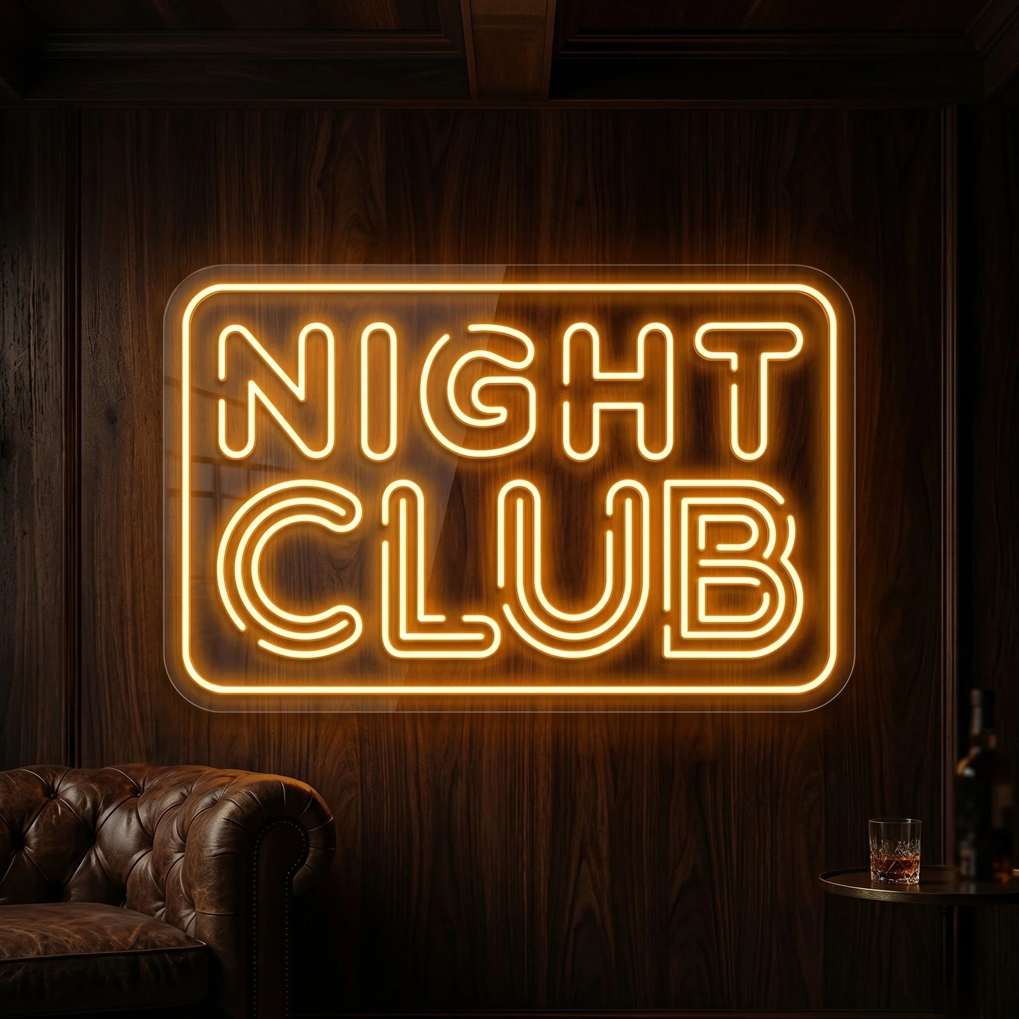 Photo of the 'Night Club' neon sign glowing in golden yellow against a styled interior wall.