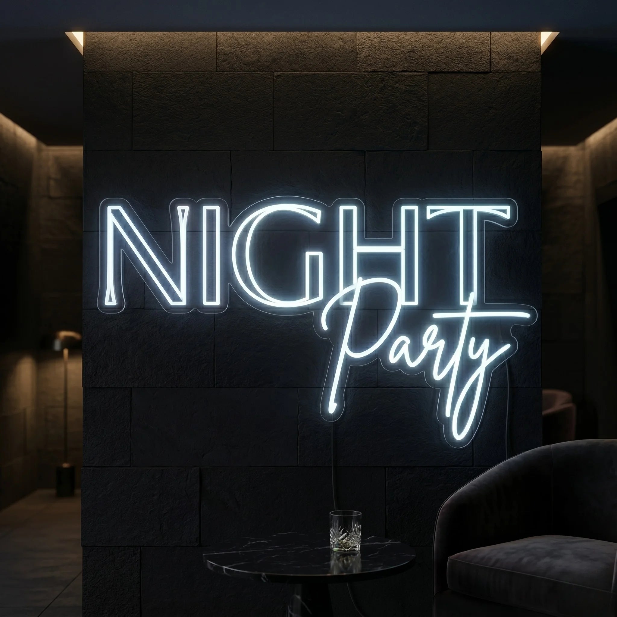 Photo of the 'Night Party' neon sign glowing in cool white against a styled interior wall.