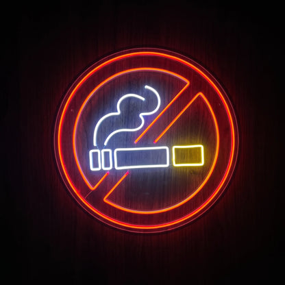 No Smoking Symbol LED neon sign on clear acrylic backing with red, white, and yellow illumination for recreational wall décor.