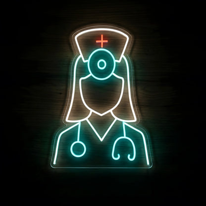 Nurse Stethoscope Outline LED Neon Sign featuring a female nurse wearing a medical cap with a red cross, face mask, and turquoise stethoscope, mounted on clear cut-to-shape acrylic against a dark wooden wall.