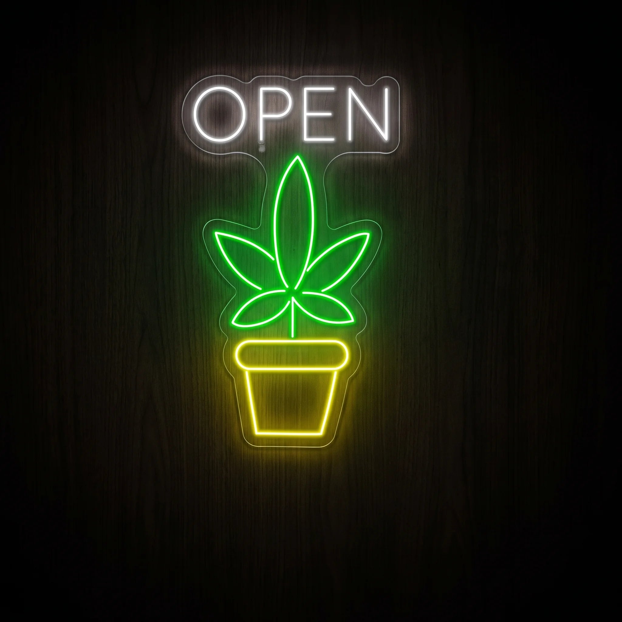 LED neon sign featuring bright OPEN lettering above a green cannabis plant in a yellow flower pot mounted on a precision-cut clear acrylic backing.