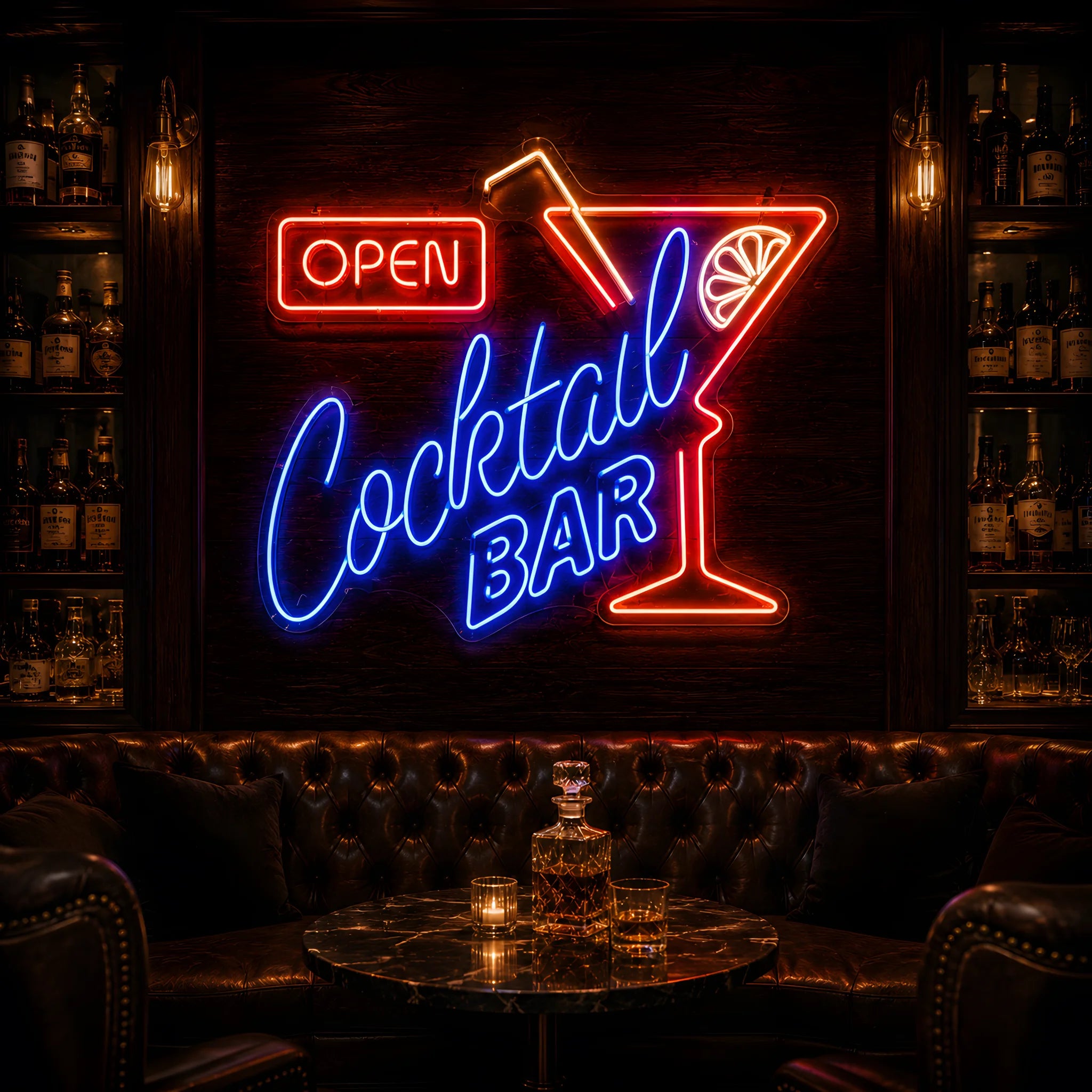 Photo of the 'Open Cocktail Bar' neon sign glowing in multi-color against a stylish cocktail bar-inspired wall.