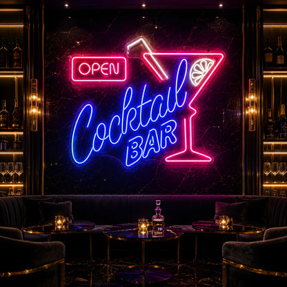 Photo of the 'Open Cocktail Bar' neon sign glowing in multi-color against a stylish cocktail bar-inspired wall.