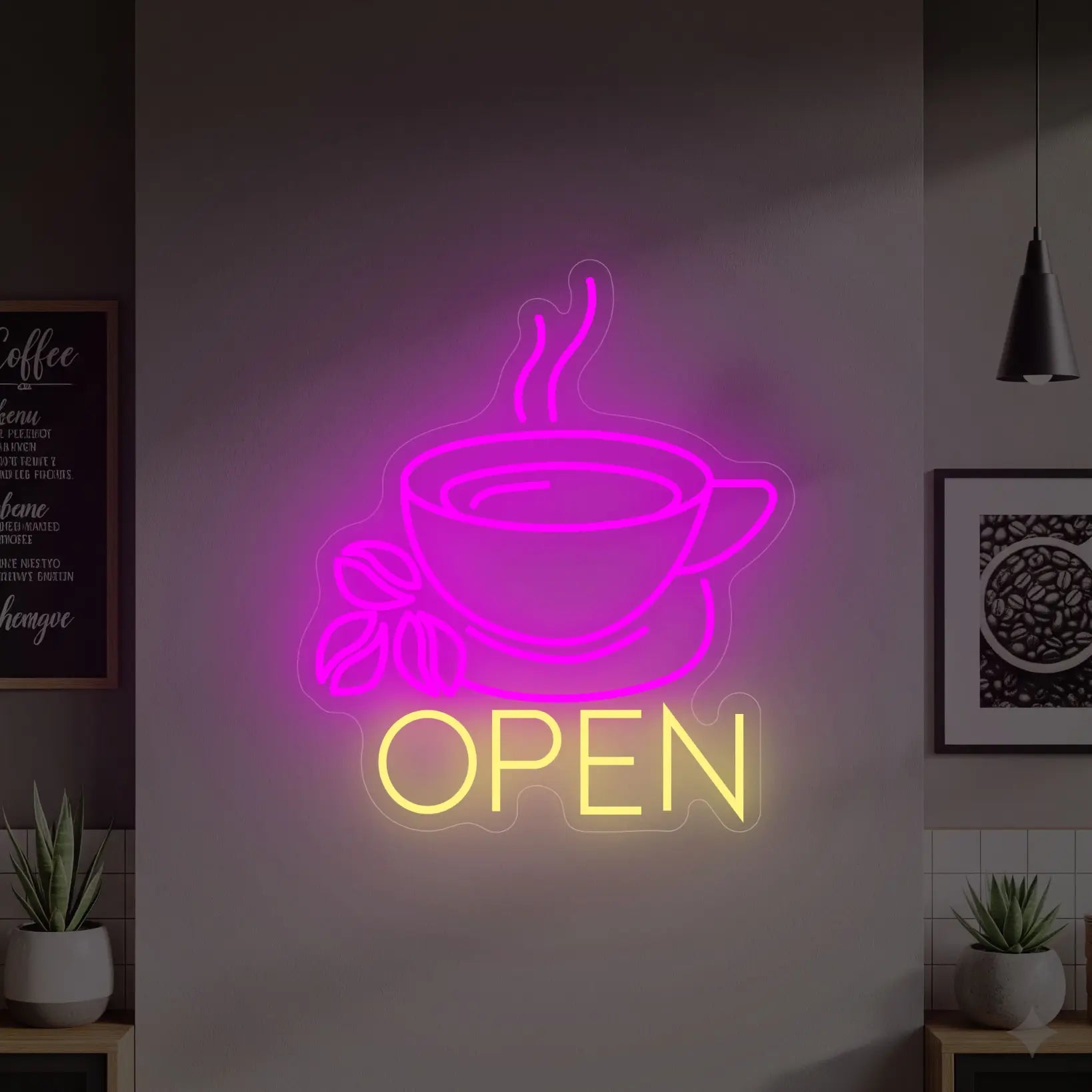 Photo of the 'OPEN' neon sign with coffee cup glowing in warm white and deep pink against a styled interior wall.
