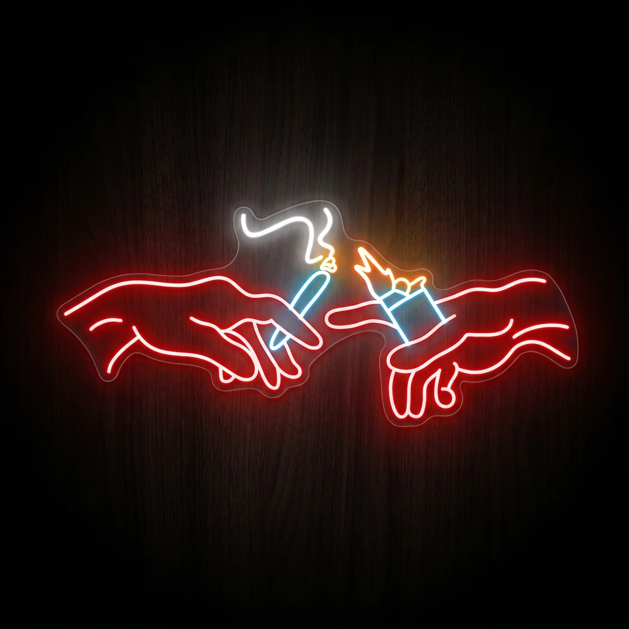 Passing the Peace LED neon sign featuring two hands passing a lit pre-roll with a lighter in red, blue, orange, and white neon on a clear acrylic backing.