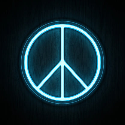 Peace Symbol LED neon sign featuring a bright ice blue peace sign on a clear circular acrylic backing.