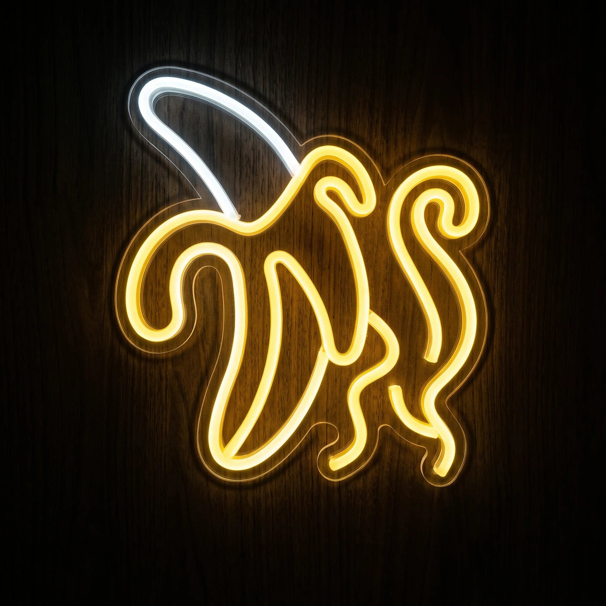 Peeled Banana LED Neon Sign featuring a glowing yellow banana outline with a bright white stem on clear acrylic backing.