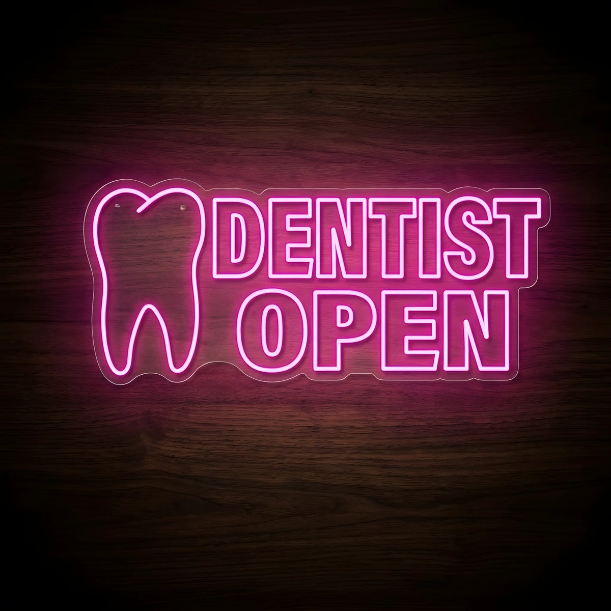 Pink Dentist Open LED neon sign featuring a bright pink tooth outline beside bold DENTIST OPEN lettering in matching pink LED neon on clear acrylic backing for dental clinic and dentist office decor.