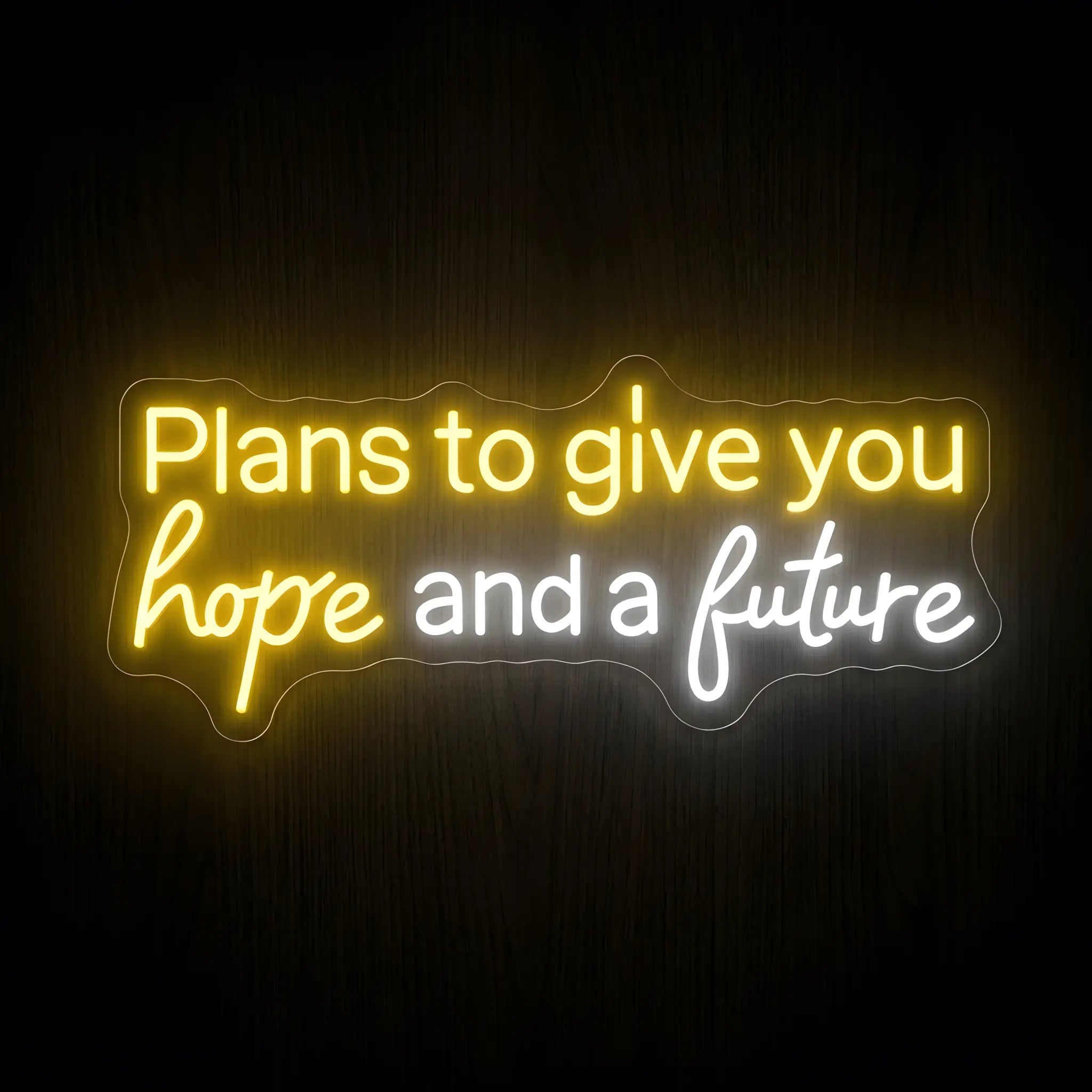 Plans to Give You Hope and a Future LED neon sign inspired by Jeremiah 29:11 with warm yellow and white illumination on clear acrylic backing.