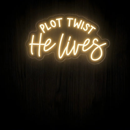 Plot Twist He Lives warm white LED neon sign on clear acrylic backing for Christian Easter and faith-inspired wall decor.