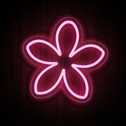 Plumeria Flower LED neon sign featuring a five-petal flower outline glowing in vibrant pink on clear acrylic backing.