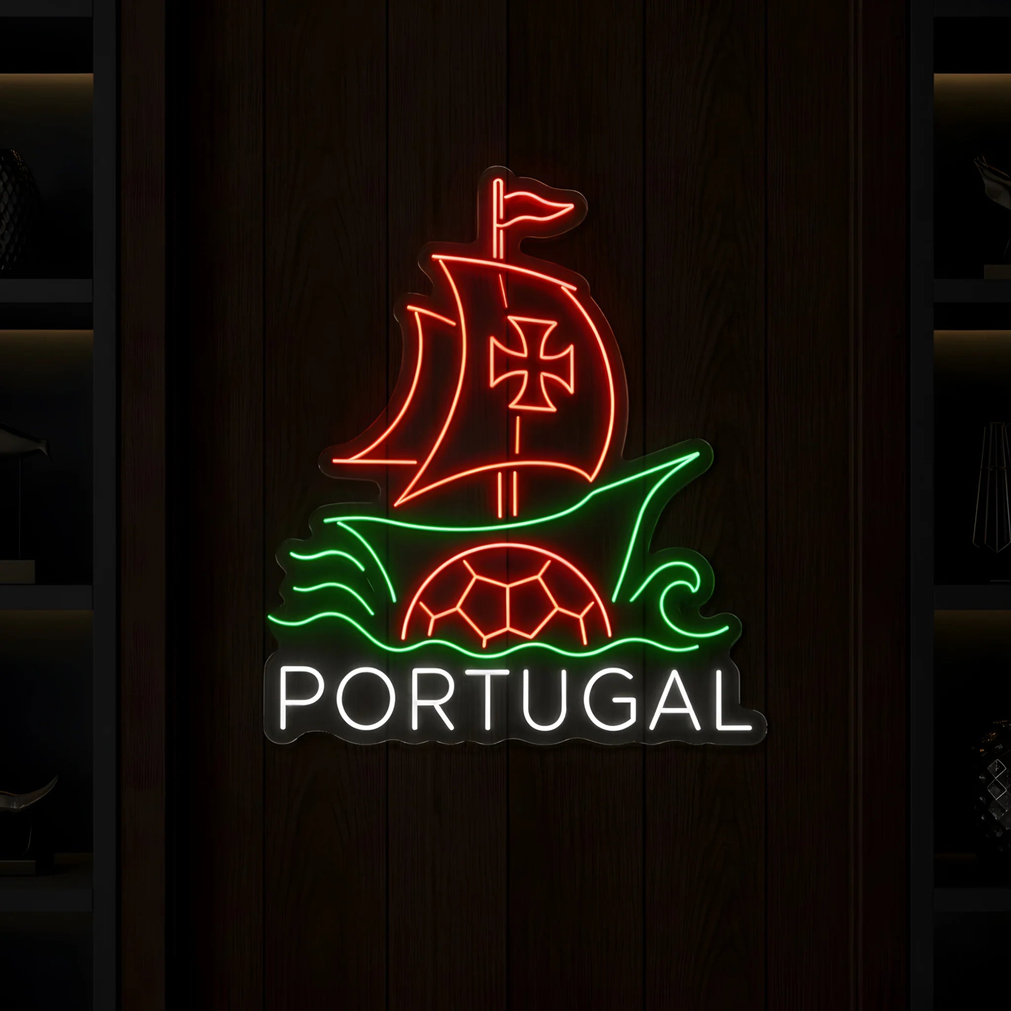 Portugal LED neon sign featuring a Portuguese caravel ship, football artwork, and illuminated Portugal lettering