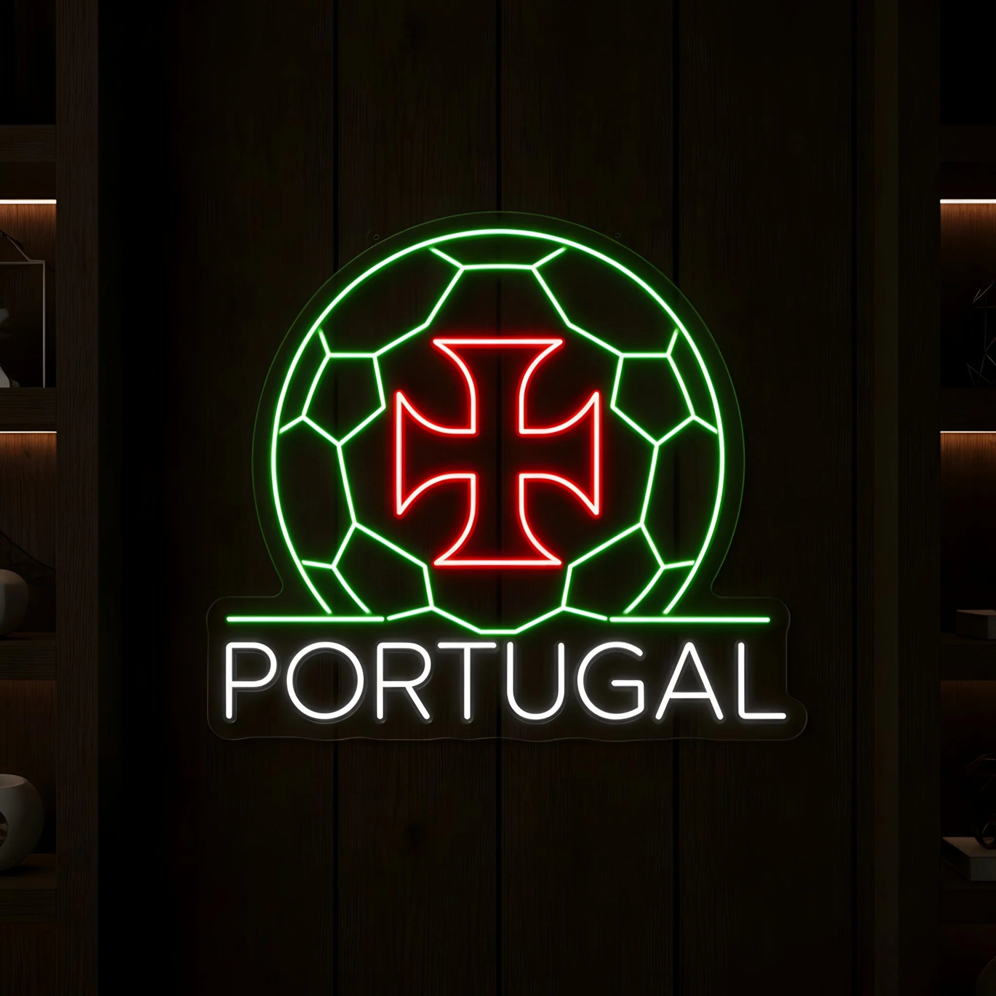 Portugal LED neon sign featuring a football crest design with an iconic Portuguese cross in red, green, and cool white illumination mounted on clear acrylic backing.