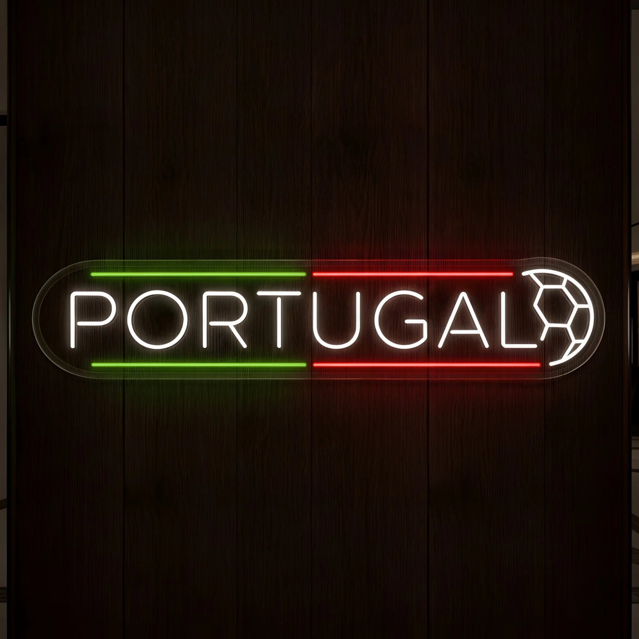 Portugal LED neon sign featuring minimalist Portugal lettering with green and red accent lines and a football detail mounted on clear acrylic backing.