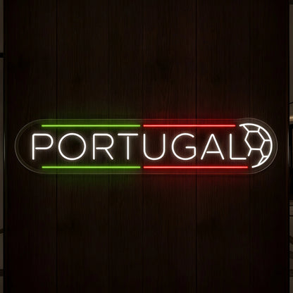 Portugal LED neon sign featuring minimalist Portugal lettering with green and red accent lines and a football detail mounted on clear acrylic backing.