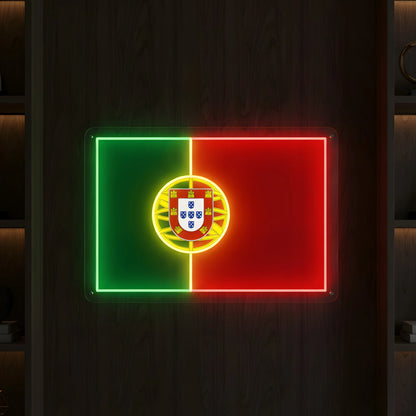 Portugal Flag Printed Artwork LED Neon Sign featuring the Portuguese flag with illuminated green, red, and golden details mounted on clear acrylic backing.