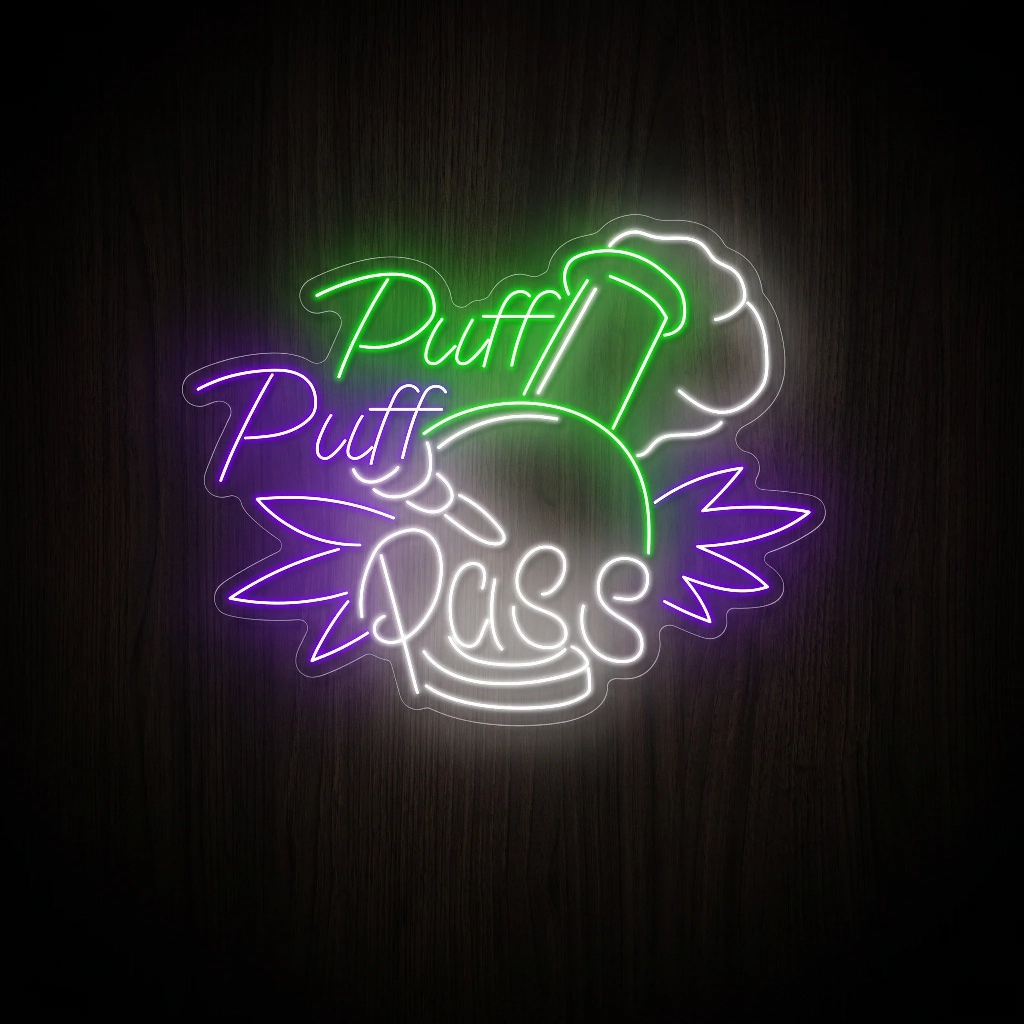 Puff Puff Pass LED neon sign featuring a smoking joint, cannabis leaf, smoke cloud, and colorful script lettering on a clear acrylic backing.