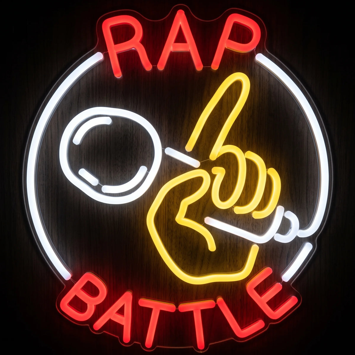 Rap Battle LED neon sign featuring RAP BATTLE text, microphone and hand design in red, yellow and white LED neon.