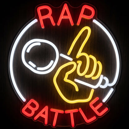 Rap Battle LED neon sign featuring RAP BATTLE text, microphone and hand design in red, yellow and white LED neon.