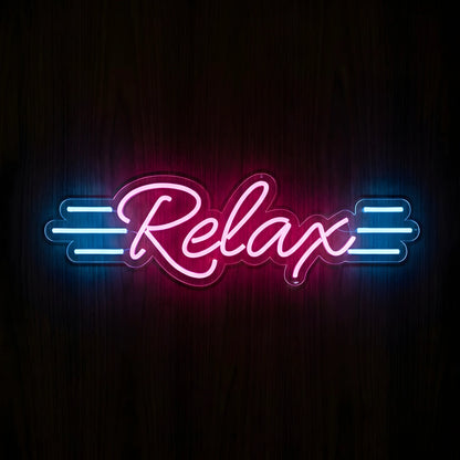 Relax Spa LED Neon Sign featuring glowing pink cursive Relax lettering with three bright blue horizontal neon lines on each side, mounted on clear cut-to-shape acrylic against a dark wooden wall.
