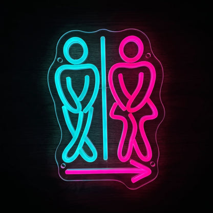 Restroom Arrow LED Neon Sign featuring blue and pink restroom figures with a right-pointing directional arrow on clear acrylic backing.