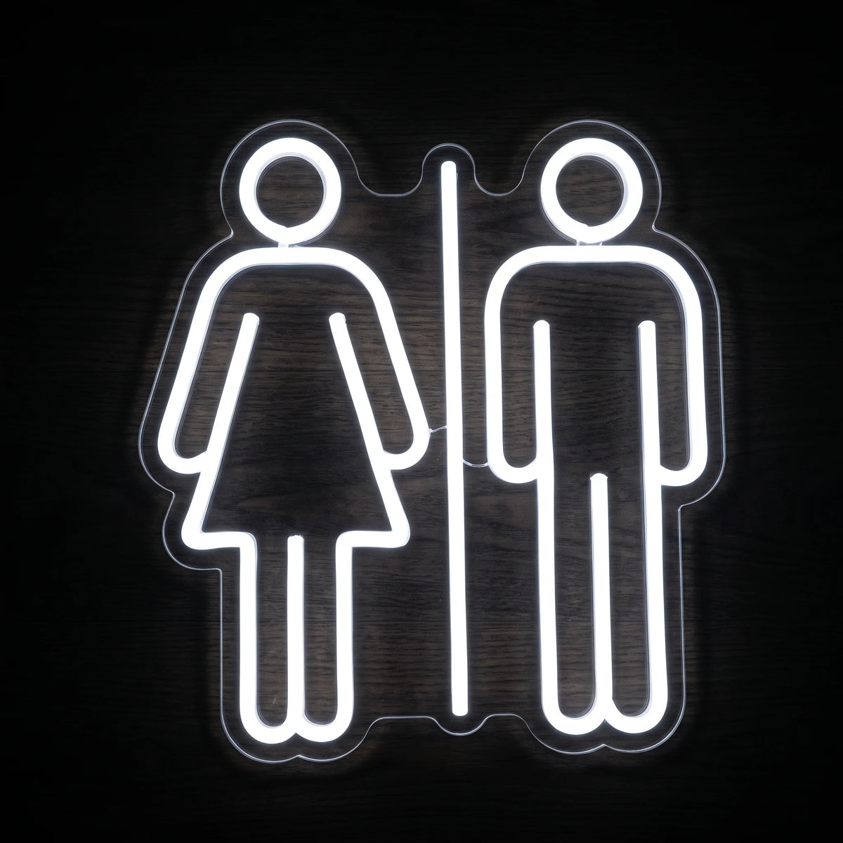 Restroom Icons LED Neon Sign featuring white male and female restroom symbols separated by a vertical line on clear acrylic backing.