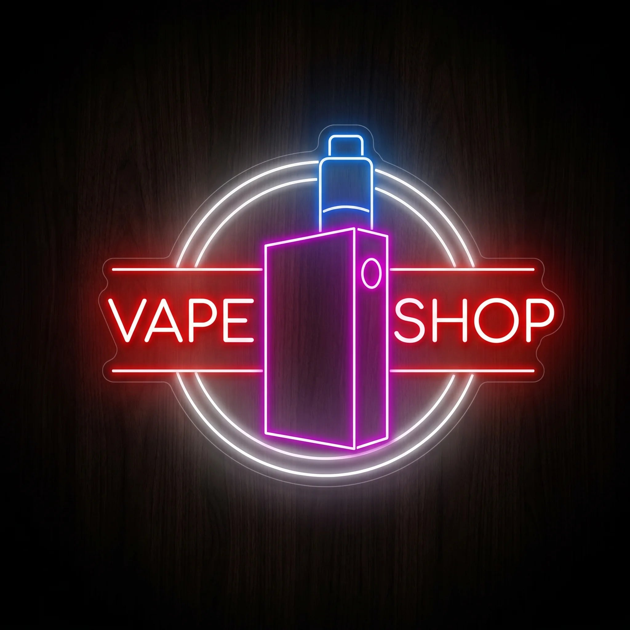 Retro Vape Shop Circle LED neon sign featuring a vape device inside a circular badge with bold Vape Shop lettering on a clear acrylic backing.