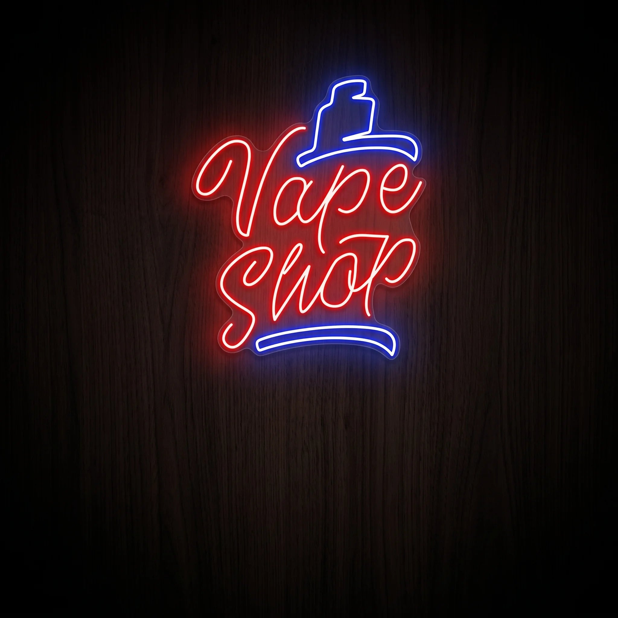 Retro Vape Shop LED neon sign featuring red script lettering with blue vape device accents mounted on a precision-cut clear acrylic backing.