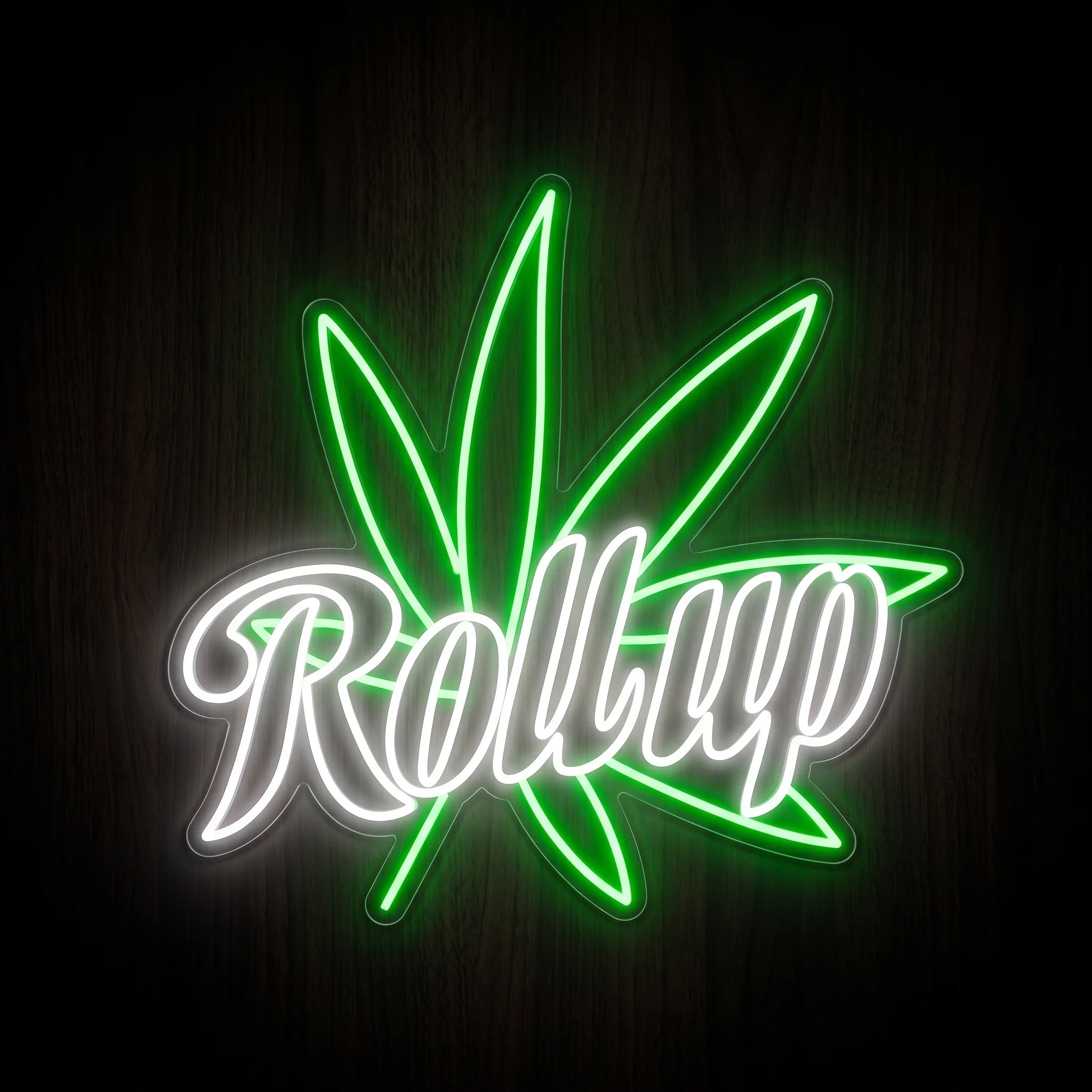 Roll Up cannabis leaf LED neon sign on clear acrylic backing with green and white illumination for cannabis-themed wall décor.