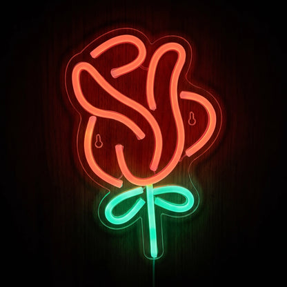 Rose Flower LED Neon Sign featuring a glowing red rose with bright green stem and leaves on clear acrylic backing.