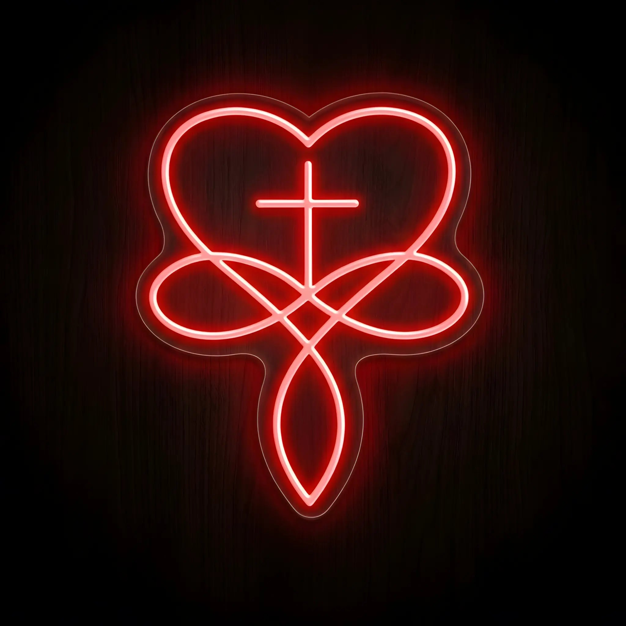 Sacred Heart Cross LED neon sign featuring a red heart intertwined with a Christian cross on a precision-cut clear acrylic backing for inspirational Christian wall decor.
