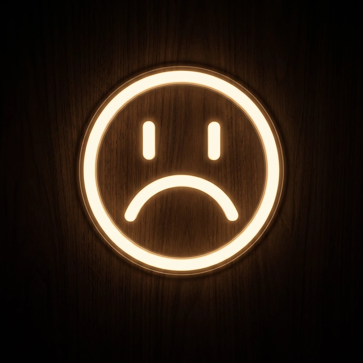 Sad Face LED neon sign featuring a simple circular face with two eyes and a frowning mouth glowing in warm white.