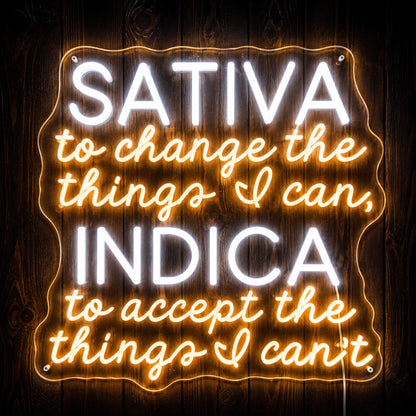 Sativa Indica quote LED neon sign on clear acrylic backing with white and warm white illumination for cannabis-themed wall décor.