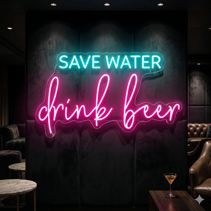 Photo of the 'Save Water Drink Beer' neon sign glowing in multi-color against a pub-inspired interior wall.