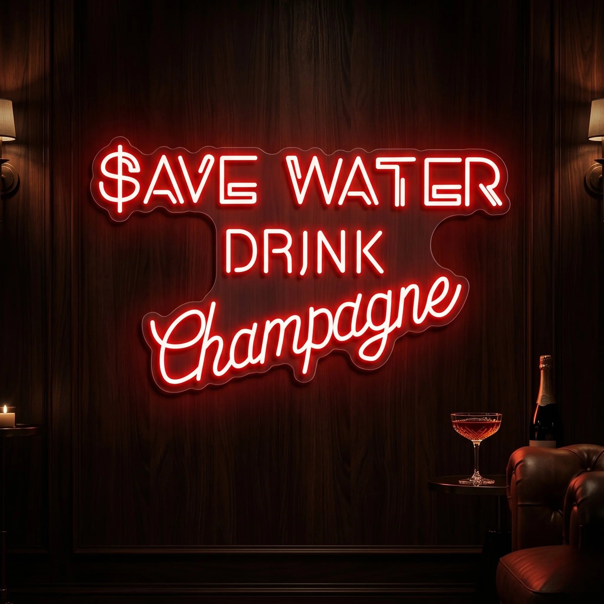 Photo of the 'Save Water Drink Champagne' neon sign glowing in red against a chic champagne bar-inspired wall.