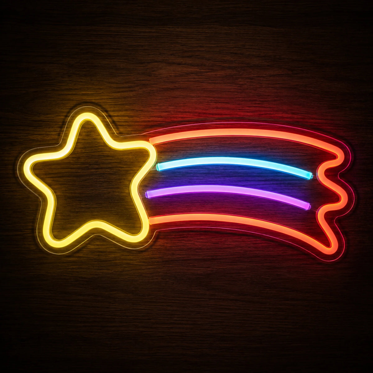 Shooting Star Rainbow LED Neon Sign with a yellow star and colorful red-orange, blue and purple shooting star trails.
