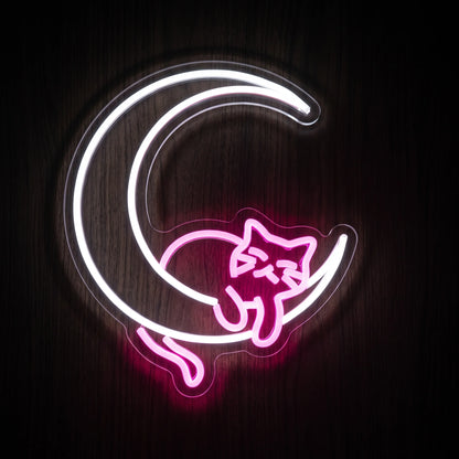 Sleeping Cat Moon LED Neon Sign featuring a pink sleeping cat curled along a glowing white crescent moon on clear acrylic backing.