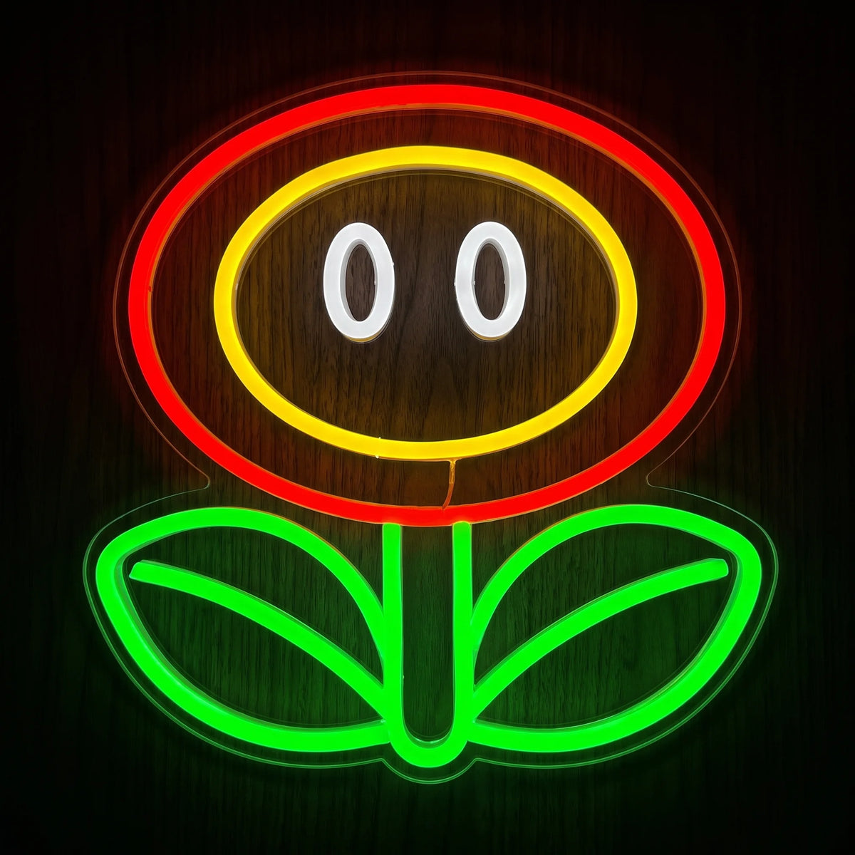 Smiley Flower LED Neon Sign featuring a red and yellow flower face with white eyes and bright green stem and leaves on clear acrylic backing.