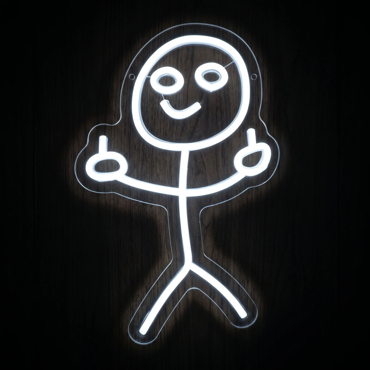 Smiley Stick Figure LED Neon Sign featuring a smiling white stick figure design on clear acrylic backing.