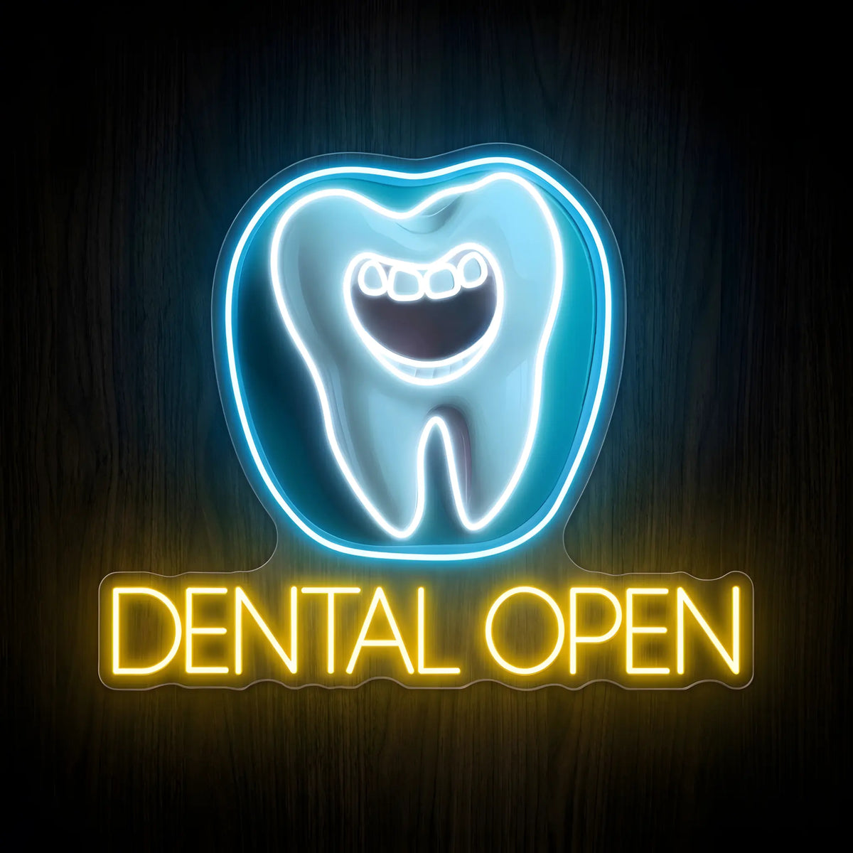 Smiling Tooth Dental Open LED neon sign featuring a white and blue smiling tooth illustration above glowing golden-yellow DENTAL OPEN lettering on clear acrylic backing for dental clinic decor.