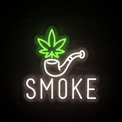 Smoke Pipe Cannabis LED neon sign on clear acrylic backing with green and white illumination for cannabis-themed wall décor.
