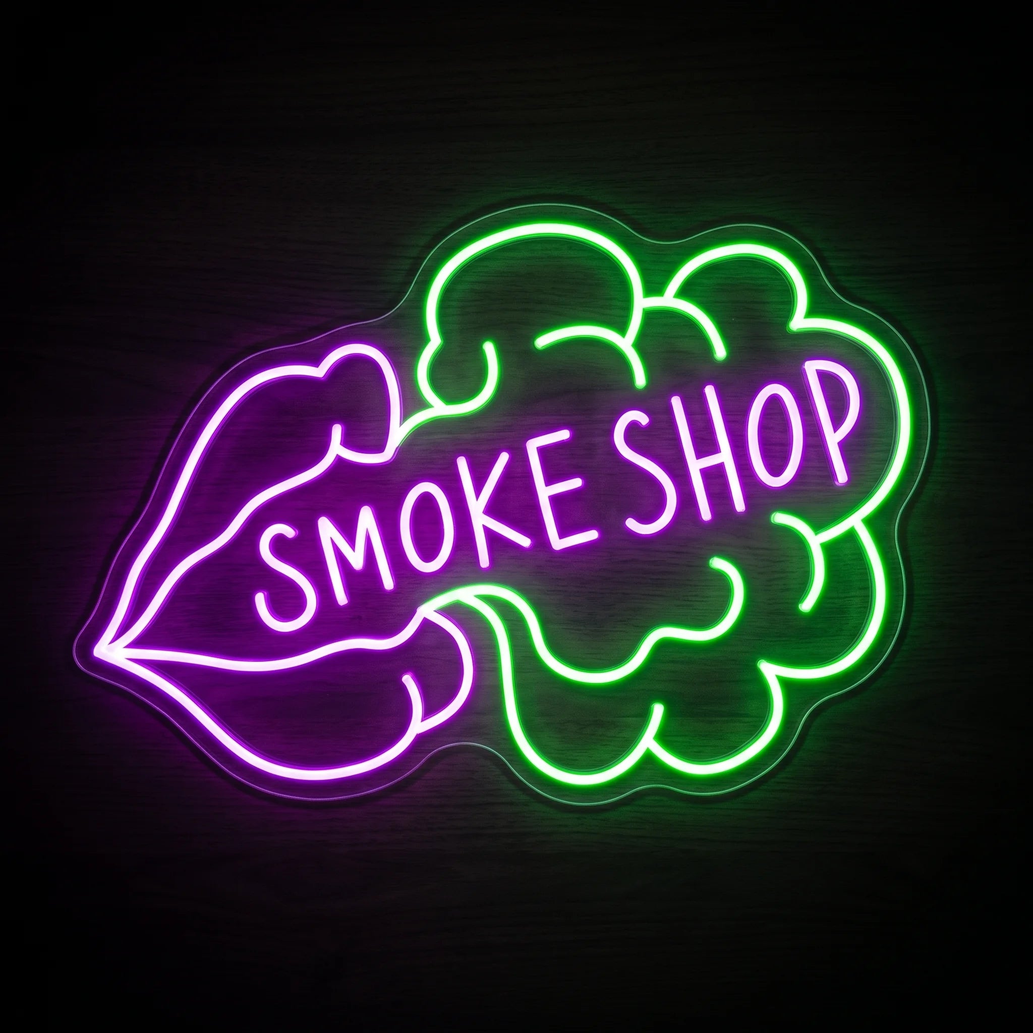 Smoke Shop Lips LED neon sign featuring purple lips blowing a green smoke cloud with Smoke Shop lettering on a clear acrylic backing.