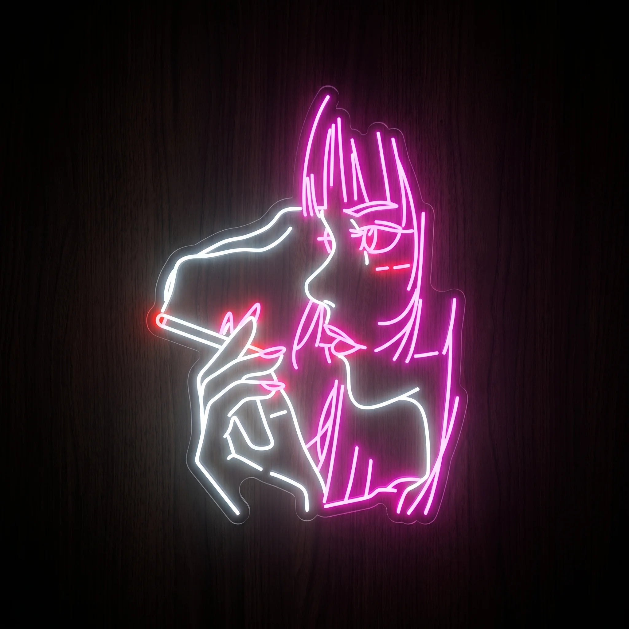 Smoking Anime Girl LED neon sign featuring a stylized anime girl holding a lit smoke in vibrant pink, white, and red neon on a precision-cut clear acrylic backing.