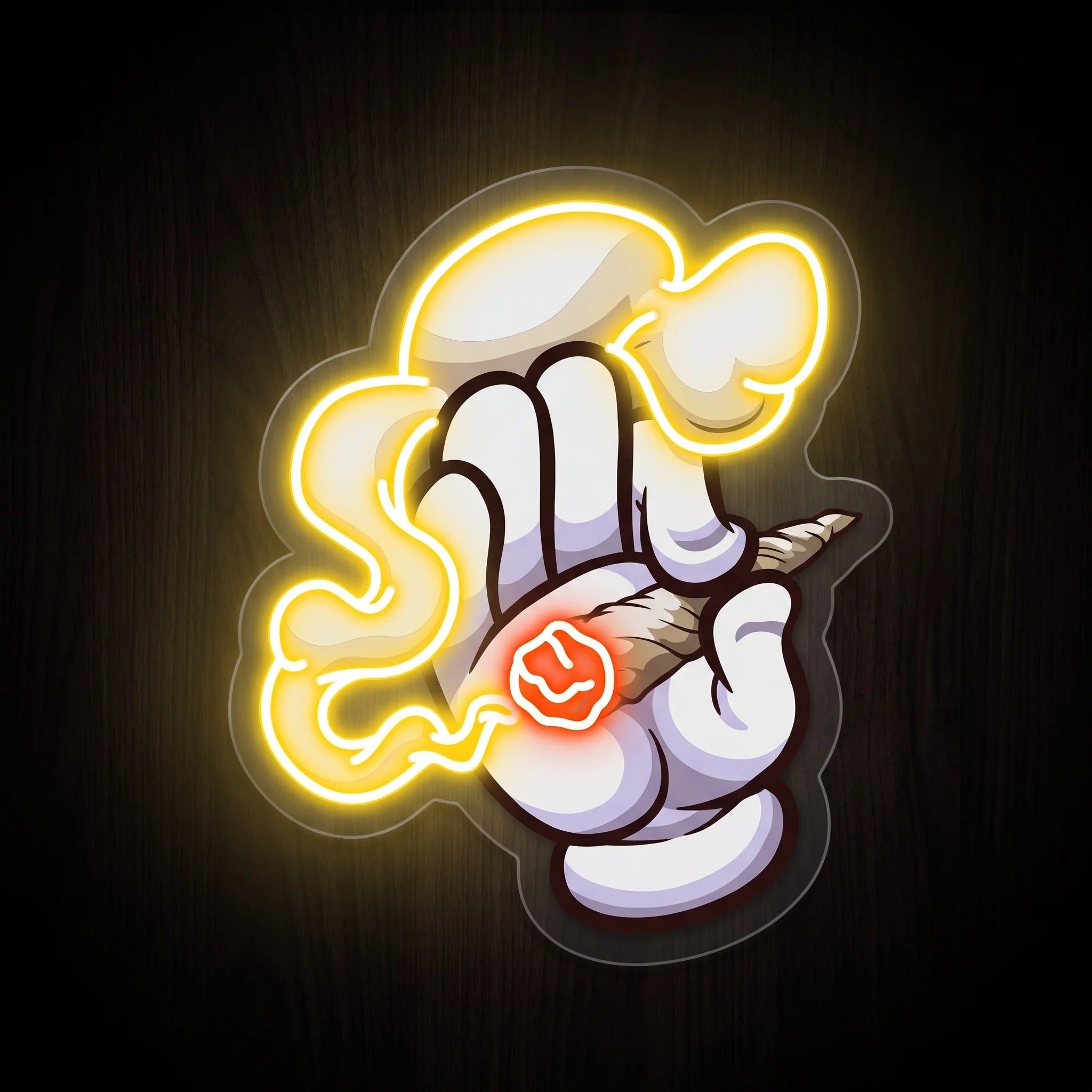 Smoking Hand Gesture LED neon sign featuring a hand holding a lit rolled smoke with glowing smoke effects on a precision-cut clear acrylic backing.